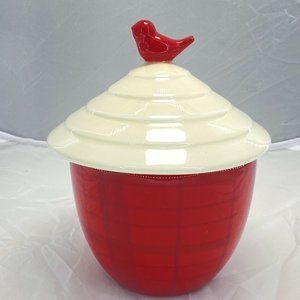 Hallmark Red White Covered Jar Canister with Bird Lid acorn shape container